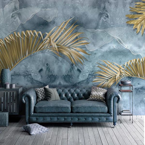 

wallpapers custom mural wallpaper modern abstract blue cement wall plant golden leaves painting living room tv sofa bedroom
