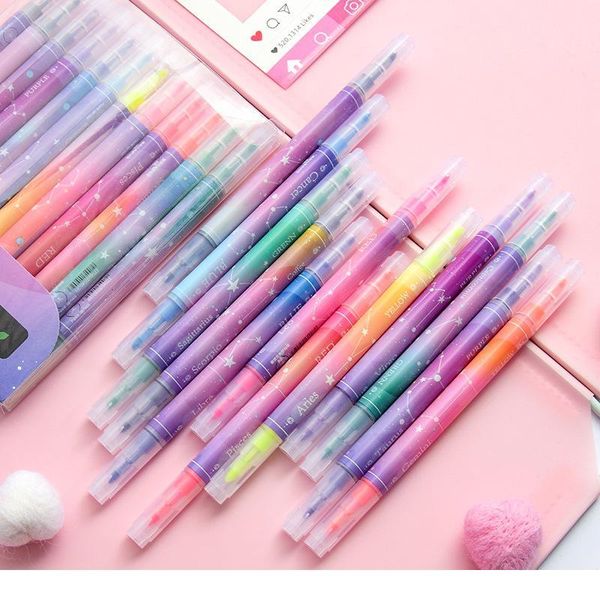 

12pcs/set creative double-headed highlighter kawaii starry marker pen colored drawing marking pen office school st qylytu