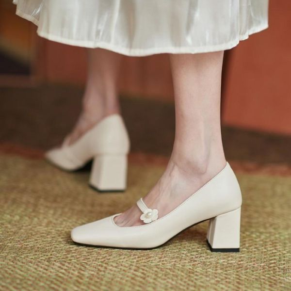

dress shoes spring and summer 2021 versatile square head fashion middle heel gentle lady thick mary jane single large, Black