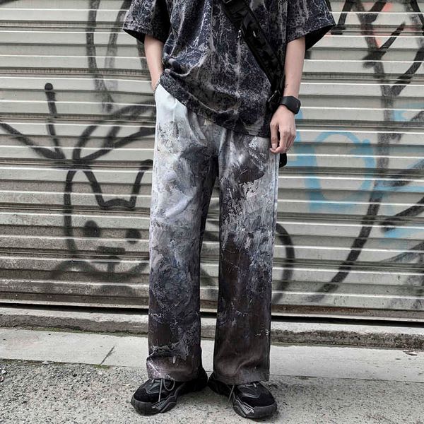 

men's pants summer casual fashion retro printing wide-leg men streetwear loose hip-hop straight tie-dye mens m-3xl y6w3, Black