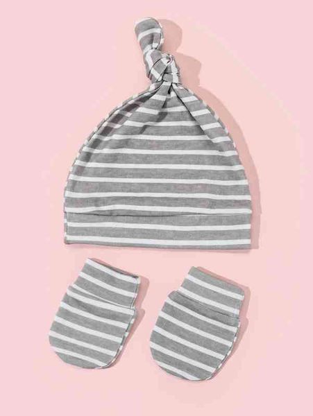 

baby striped print hat & gloves she, Yellow