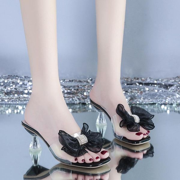

slippers transparent heel crystal women pearl lace bow pvc summer sweet open toe high slides mujer, Black