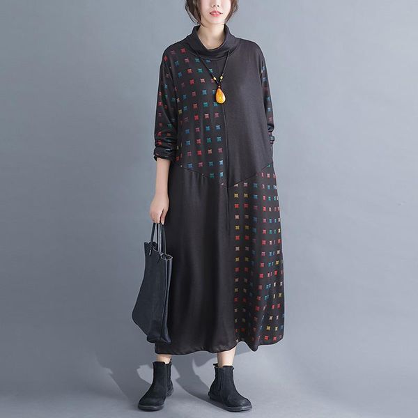 

casual dresses turtleneck soft cotton autumn winter dress 2021 print patchwork loose women korea design chic female, Black;gray