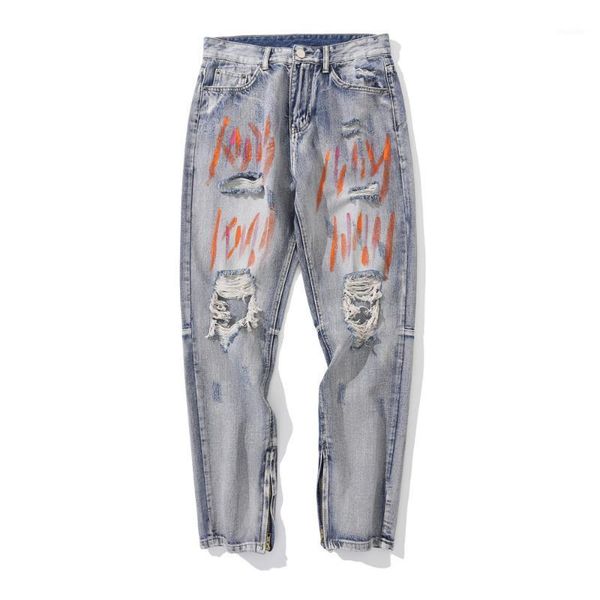 

men's jeans hip hop men denim pants graffiti ripped high street harajuku zipper loose hole straight male fashion casual trousers, Blue