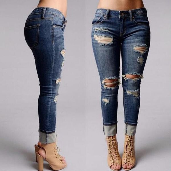

women's jeans 30h women mid waisted for skinny hole denim stretch slim tight pencil pants calf length, Blue