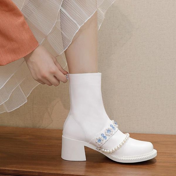 

boots 2021 women crystal pearl decorate lolita mid-calf fashion autumn winter block high heels shoes ladies back zipper booties, Black