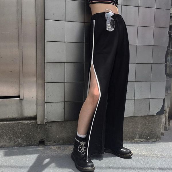 

women's pants & capris spring personality mature black split fork thin section wide leg arrival casual wild street straight women, Black;white