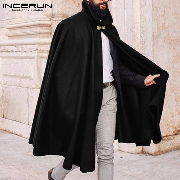 

men's trench coats fashion men cloak lapel streetwear one button ponchos 2021 faux wool blends solid color casual s-5xl incerun, Tan;black