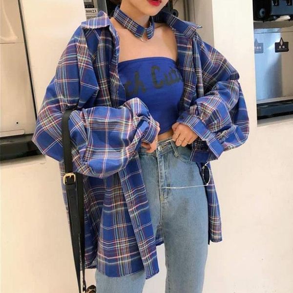 

women's blouses & shirts spring summer loose plaid (with letter printed tube women fashion casual long sleeve streetwear, White