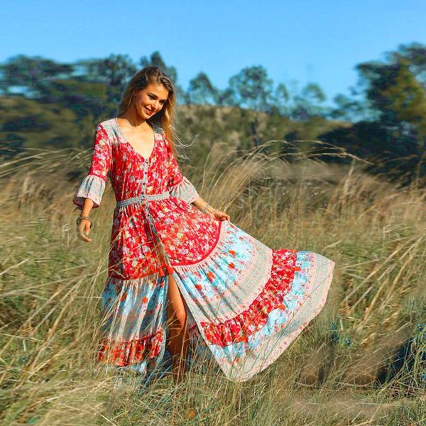 

casual dresses vestidos women summer dress tide bohemian printed waist v-collar chiffon beach long holiday party lady, Black;gray