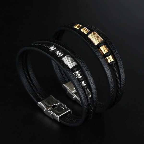 

stainless steel bracelet korean fashion leather woven personalized men's bracelet, Golden;silver