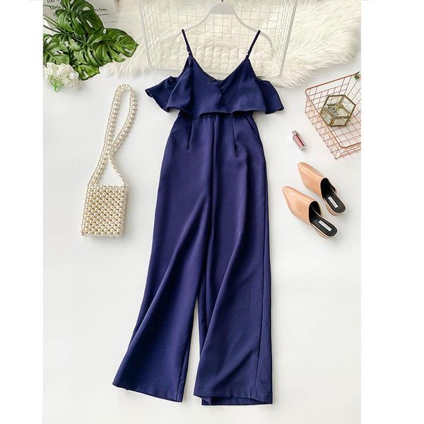 

women's jumpsuits & rompers 2021 fashion jumpsuit off-the-shoulder strap ruffled waist wide leg, Black;white