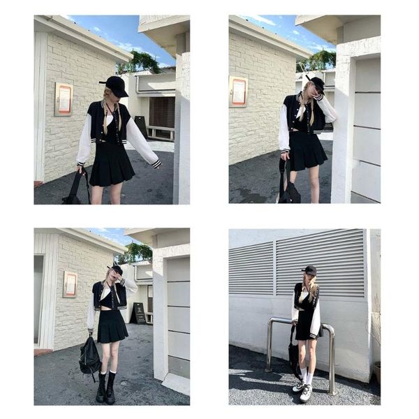 

women's jackets baseball unit coat short long jersey skirt kpop women girl single breasted cardigan white black solid outwear 2021 summ, Black;brown