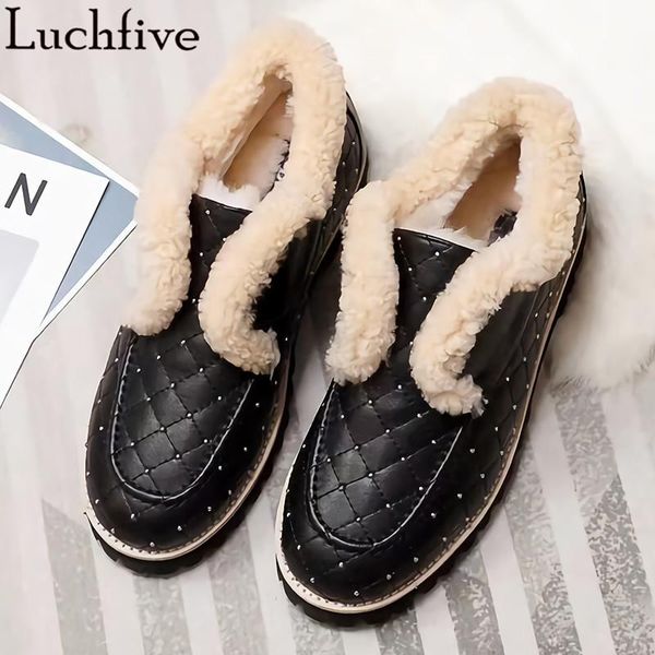 

boots rivets short wool winter shoes woman round toe flats runway black genuine leather women's