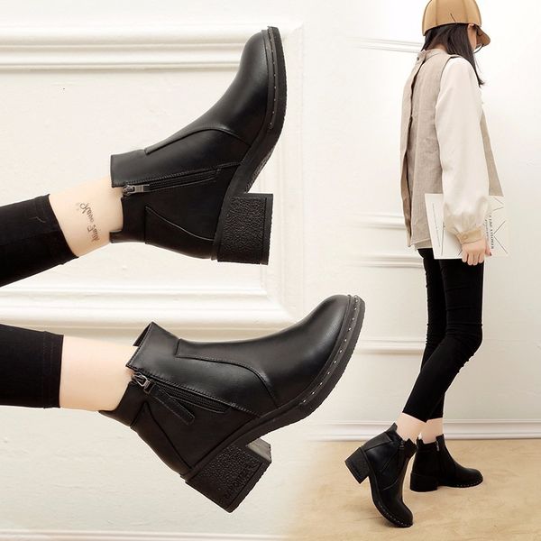 

boots teddy boots women's black leather toe round zipper winter woman high-heeled shoes ankle ladies nyq9