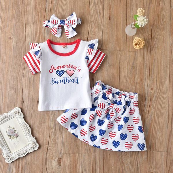 

clothing sets kids summer set ropa baby toddler kid girl independence day letter stripe +heart skirt outfit clothes, White