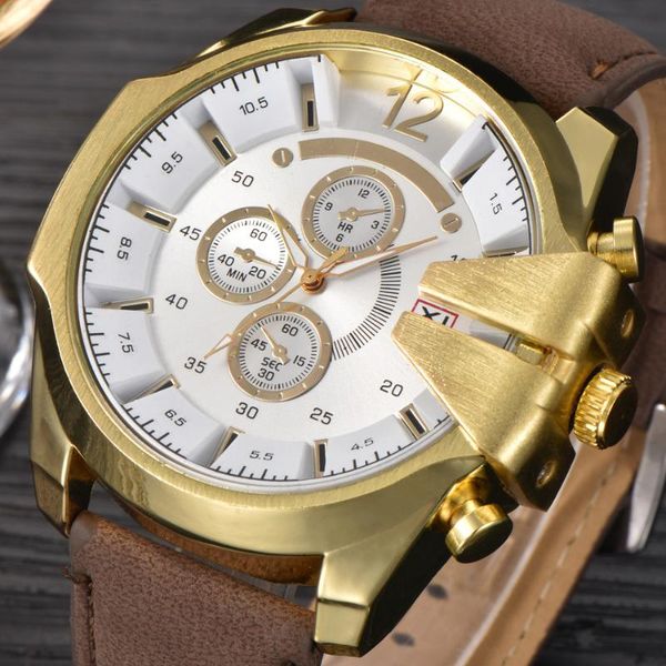 

wristwatches mens watches gold round big wrist xi 0201 original leather quartz watch with sub-dials montre homme luxe, Slivery;brown