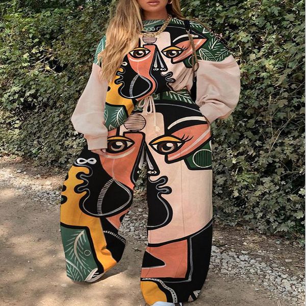 

2021 new personalised fashion two-piece spring and autumn women's street dating round neck print suit dqmq, White