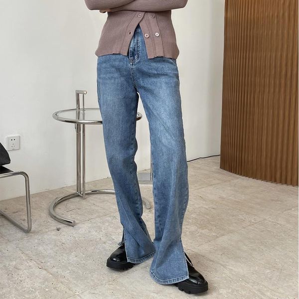 

spring and autumn women's casual solid color high-rise split straight jeans, Blue