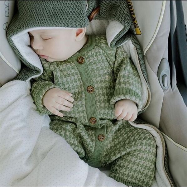

knitted newborn clothes cotton autumn winter baby romper with plaid hat infant toddler jumpsuit for girls boys onesie set 210309, Blue