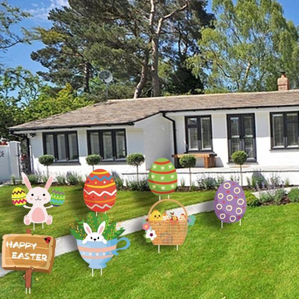 

7 pcs wooden stakes easter day decorations outdoor garden lawn yard sign cartoon board backyard decorations