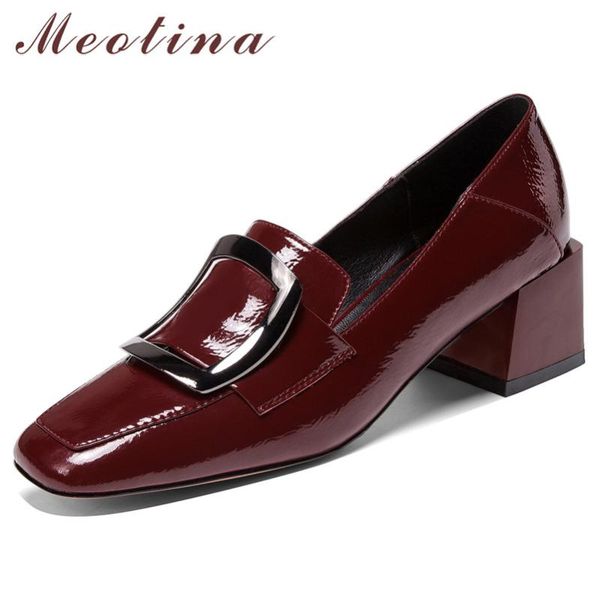 

dress shoes meotina high heels women pumps patent leather thick loafers buckle square toe female footwear size 34-40, Black