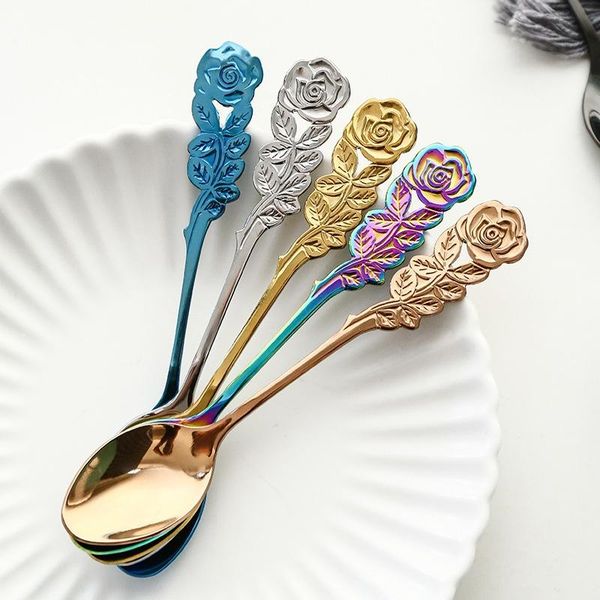 

spoons rose coffee spoon stainless steel stirring teaspoon long handle tea dessert kitchen tableware