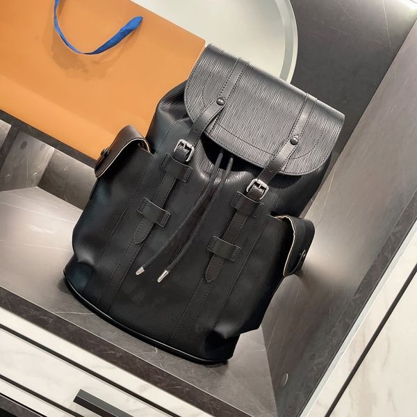 

black matte leather backpack vertical pattern large capacity travel bag one small pocket on each side drawstring letter print backpacks