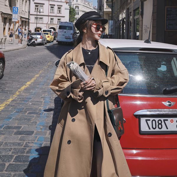 

women's trench coats gabardina feminina grande estilo coreano, casaco longo com cinto, blusÃ£o feminino para escritÃ³rio, primavera e out, Tan;black