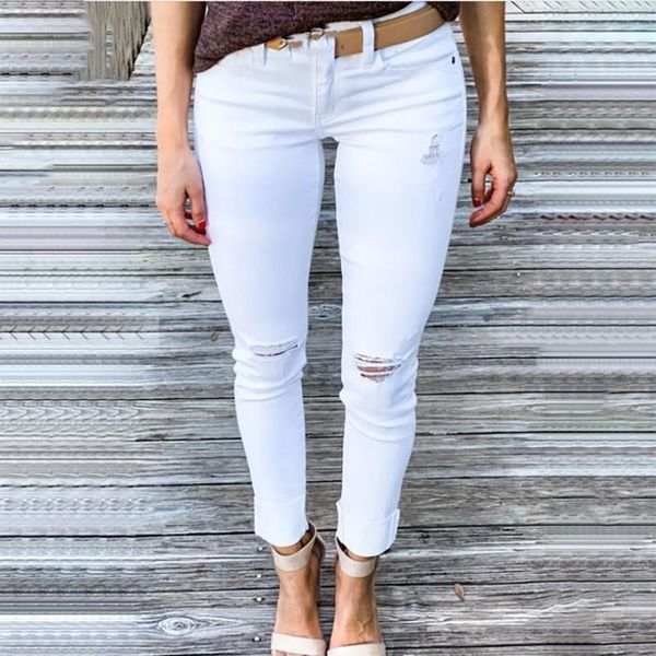 

women's jeans slim-fit ripped fashion women solid color bandage hole high flares ankle pants trouser vaqueros mujer, Blue