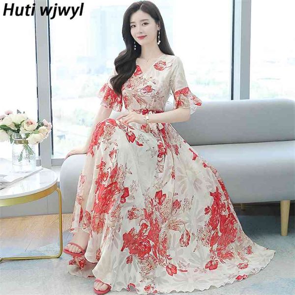 

elegant women plus size boho beach maxi dress party short sleeve runway vestido summer vintage floral chiffon midi sundress 210528, Black;gray