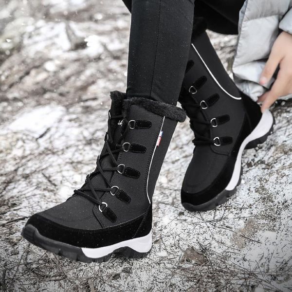 

boots okkdey trekking outdoor midcalf fashion microfiber women's shoes woman hiking winter warm plush women snow, Black