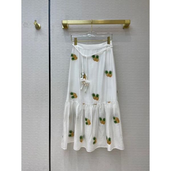 

skirts 1.20 spring temperament pineapple embroidery long skirt women waist ruffle hem design a-line, Black