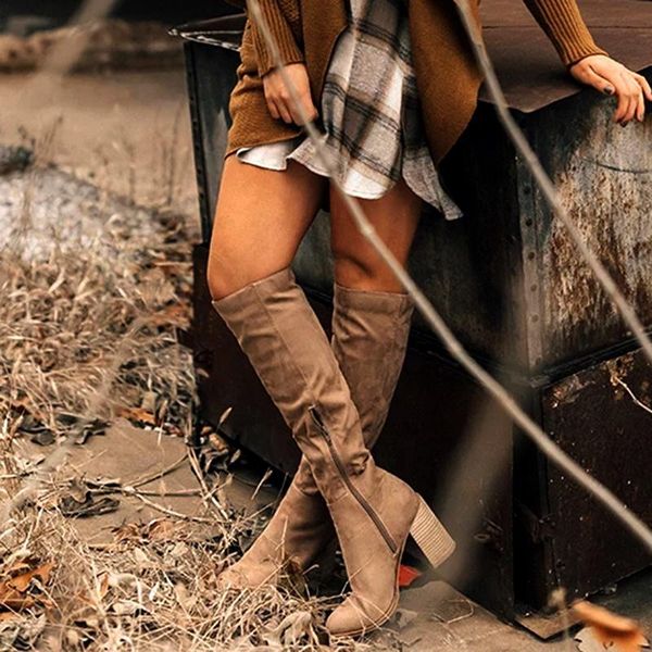 

boots knee high winter women warm shoes zipper heel tall sewing thick ladies 2021 black brown dropship