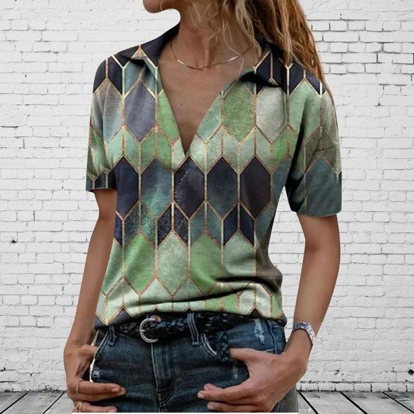 

women's t-shirt fashion deep v-neck summer printed short sleeve lapel collar soft casual tee camiseta mujer #t3g, White