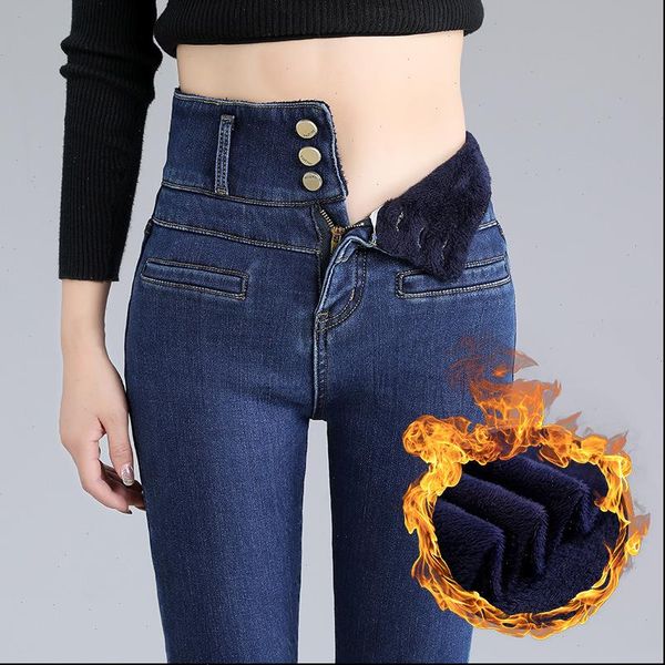 

new ladies plus velvet super high waist skinny jeans winter warmth belly retro blue black thick elastic denim pencil pants