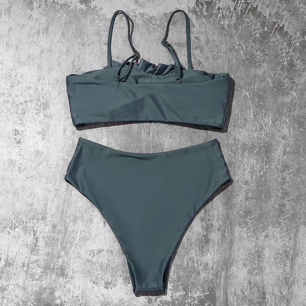 

bikini high 2021 pleated new waist solid women's split swimsuit, White;black