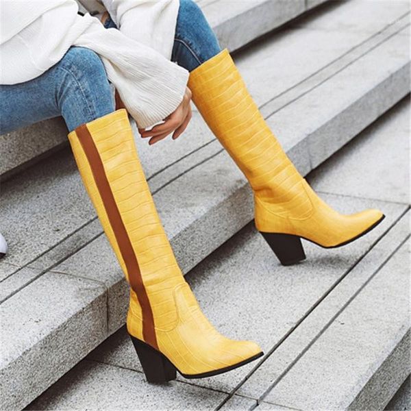 

boots pxelena women knee high blue yellow block chunky heel slip on western cowboy gothic shoes 2021 winter plus size 34-431, Black