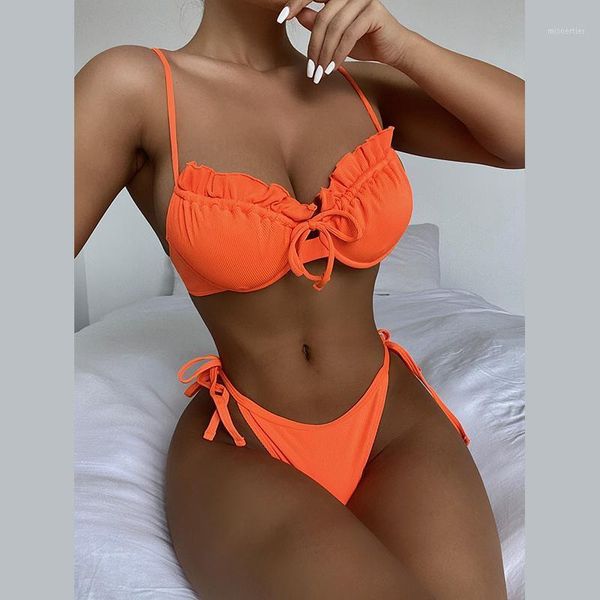 

Women's Swimwear 2021 Sexy Solid Color Underwire Women Two Piece Bikini Set Bow Bandage Push Up Biquini Fashion Beachwear Bathing Suits, White;black