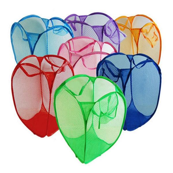 

foldable mesh up washing laundry basket bag bin hamper storage (ran color)