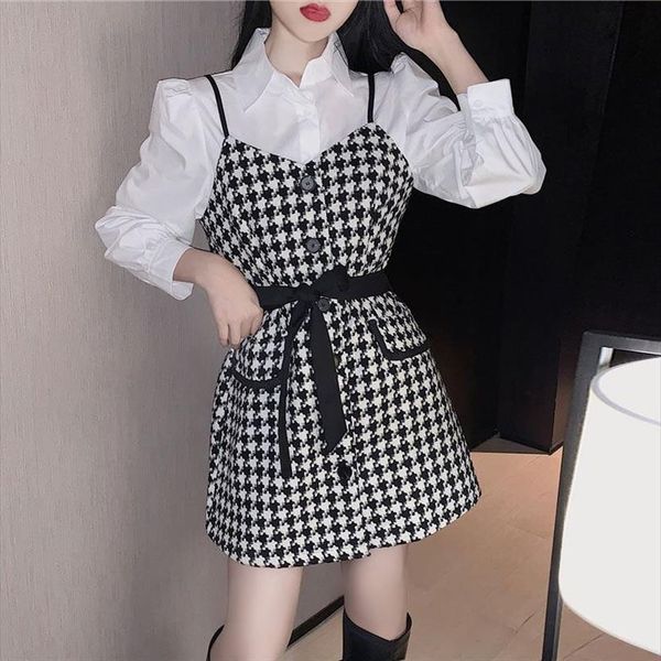 

autumn suits small fragrant womens tracksuits houndstooth waist belted suspender dress long sleeved shirt white female two pieces sets, Gray
