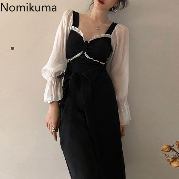 

casual dresses nomikuma french style elegant dress women contrast color patchwork long sleeve slim waist korean chic vestidos mujer, Black;gray
