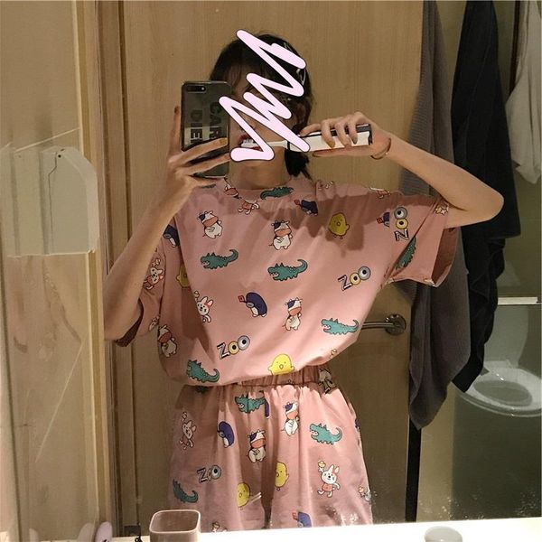 

new summer women sets kawaii print t shirts + shorts 2 piece set harajuku female casual tshirt suits cartoon suit, Gray