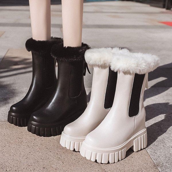 

boots drop height increasing chunky winter shoes woman women's platform back zipper pu leather botas mujer warm fur, Black