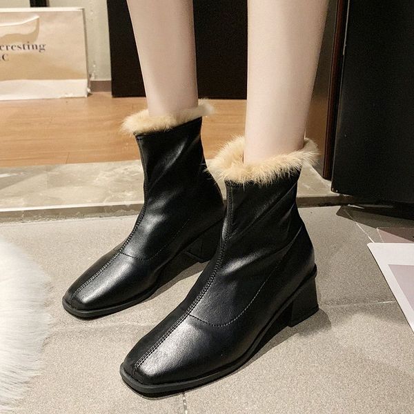

rimocy fashion square toe fur boots women black leather square heels ankle boots woman non slip waterproof ladies shoes 2019 75l0#