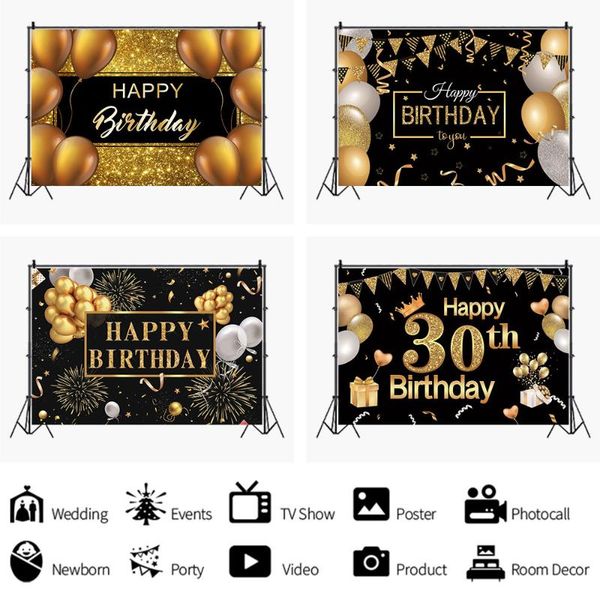 

party decoration black gold happy birthday backdrops banner po booth background kids 30th 40th 50th 150x100cm