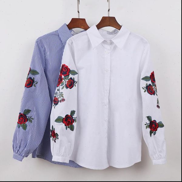 

women white floral embroidered blouse and long sleeve turn down collar elegant shirt blusas mujer de moda 2021