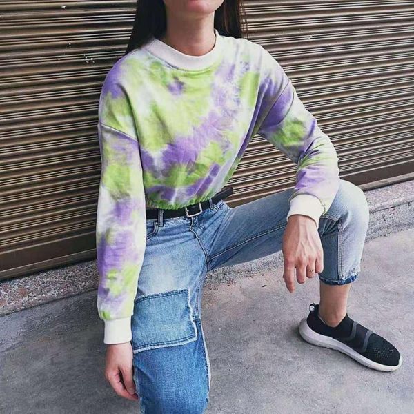 

women's t-shirt zoulv 2021 spring and autumn tie-dye printing long-sleeved pullover navel casual round neck women fit, White