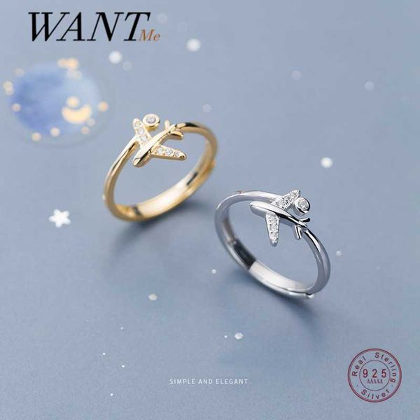 

cluster rings wantme chic pave zircon airplane airport open ring for women genuine 925 sterling silver japanese korean charming jewelry gift, Golden;silver
