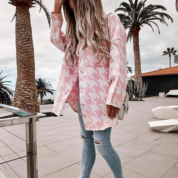 

women's trench coats 2021 autumn winter casual turn-down collar women fashion houndstooth office ladies outerwear vintage loose jackets, Tan;black